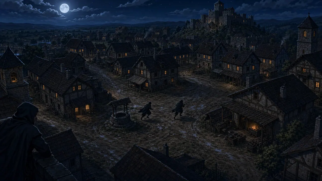Pueblo medieval de noche bajo la luna