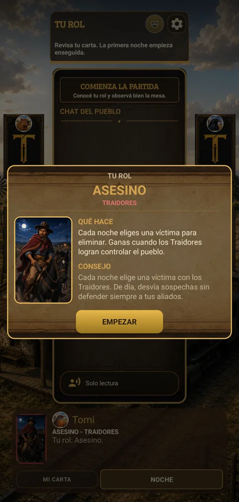 Pantalla de tu rol secreto en Traidores